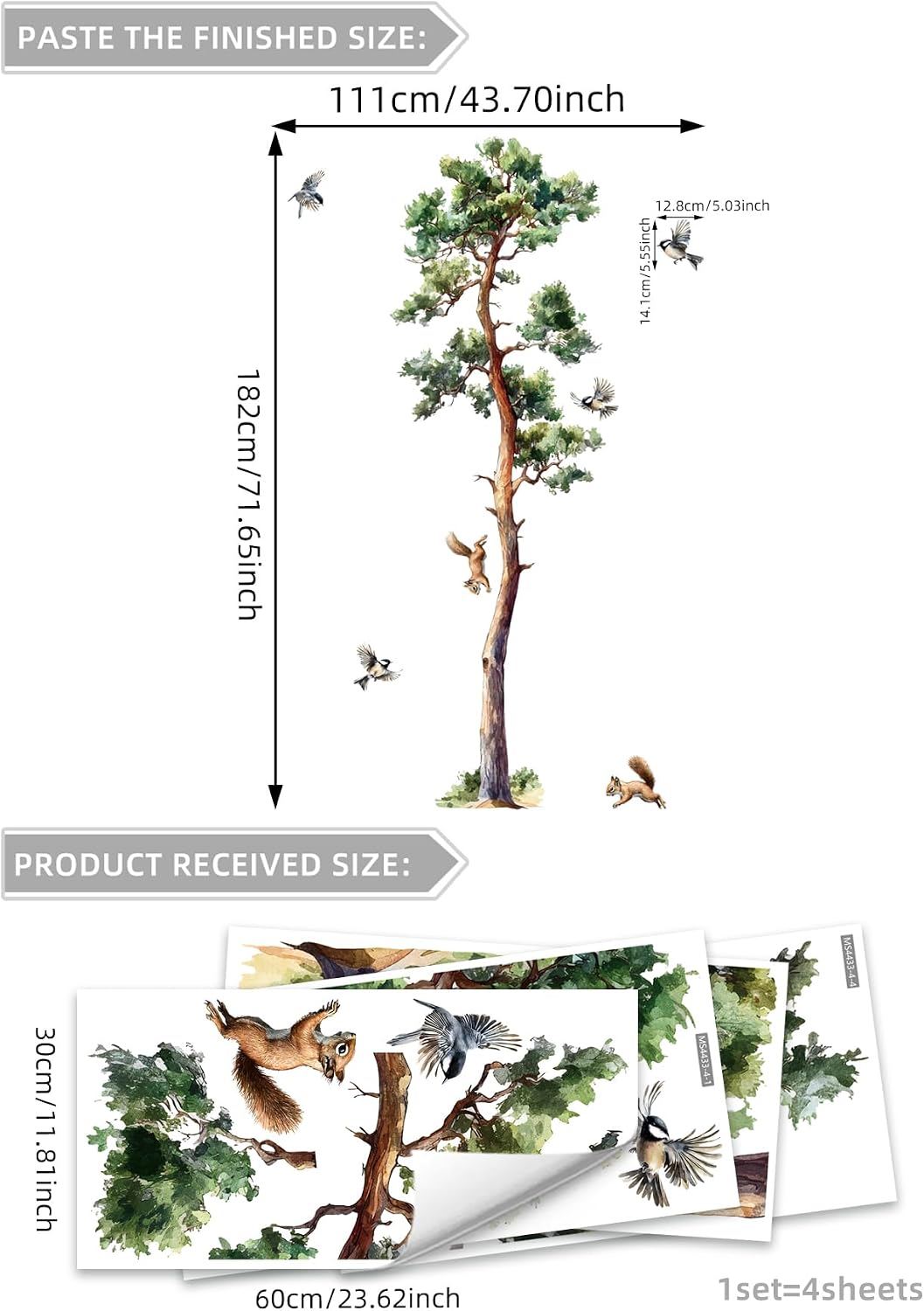 Wall Decals Large Tree Birds Wall Stickers Peel and Stick Wall Art Decals / Pine Tree / Green