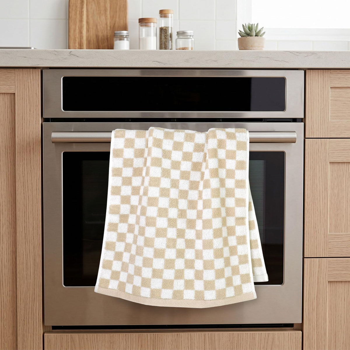 Jacquotha Beige Checkered Hand Towels - Set of 4, Cotton, 13"x29" | Soft & Absorbent, Aesthetic Cute Bathroom Kitchen