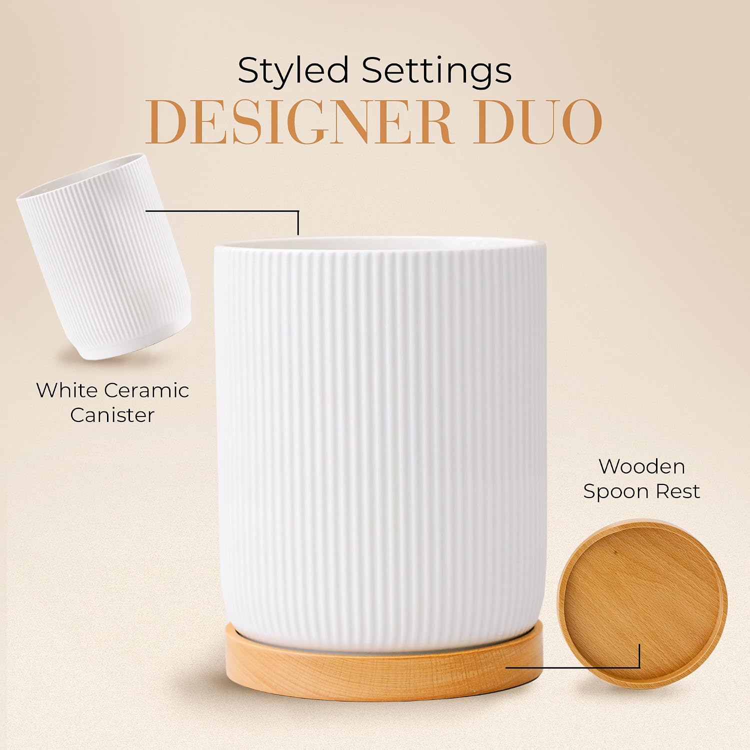 STYLED SETTINGS White Ceramic Utensil Holder with Built-In Wooden Spoon | 2 Piece Set for Kitchen Countertop