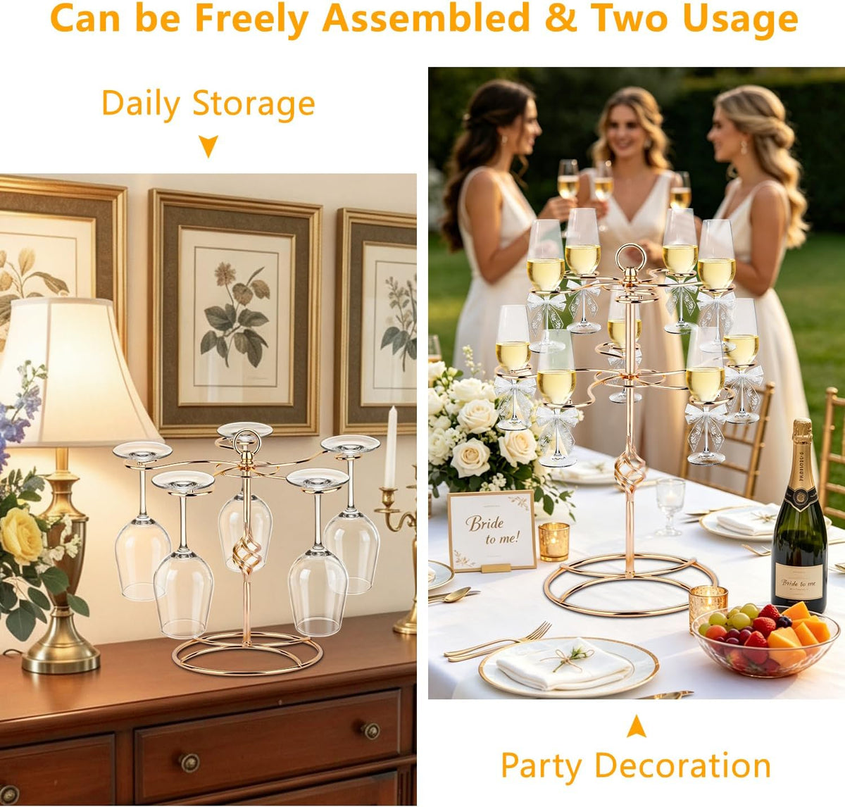 QPIX DIGITAL Wine Glass Rack 2 Tier 10 Holders Wine Glass Holder Stand, Elegant Rose Gold Cocktail Tree Stand