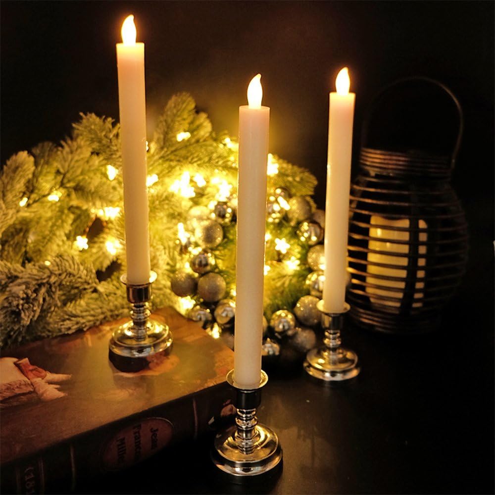 White Flameless Window Taper Candles Battery Operated Remote Timer | Real Wax Long Lasting, Dimmable Warm Light, Silver