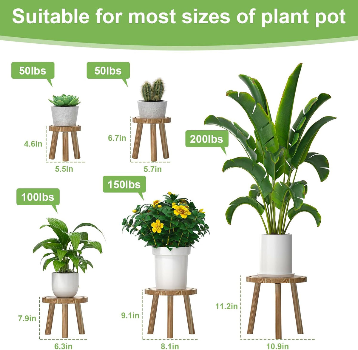 5-Pack Wood Plant Stands Indoor, Single Plant Stand for 6-12 Inch Pots, Mid-Century Modern Plant Stool, Tall Plant