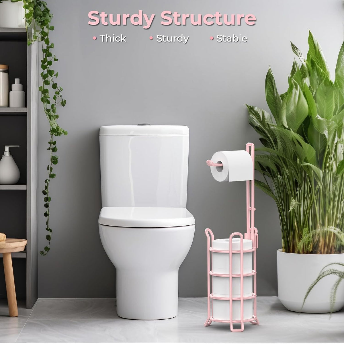 TomCare Toilet Paper Holder Stand Free Standing, Holds 4 Mega Rolls, Pink | Tool-Free Assembly, Detachable Metal Wire