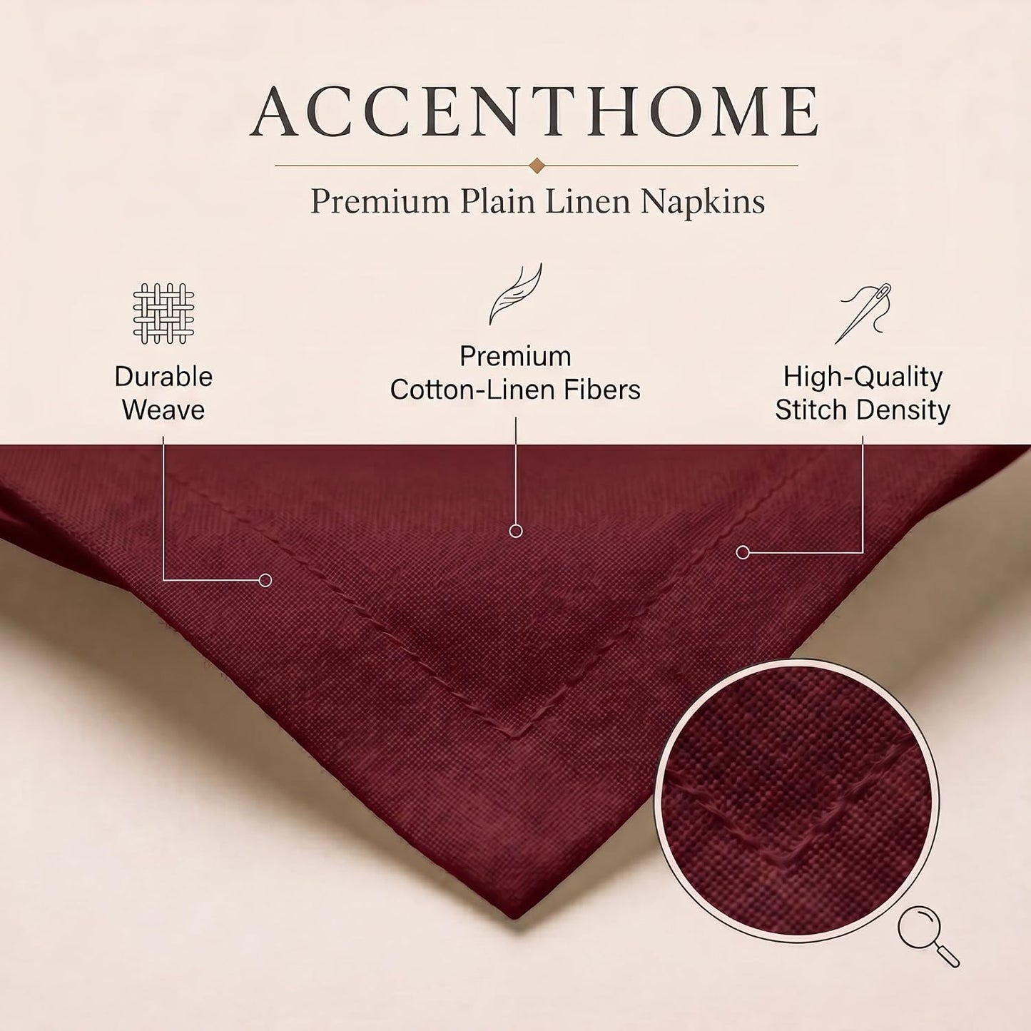 ACCENTHOME Burgundy Cotton Linen Napkin Set of 12 18x18 inch Dinner | Cotton Linen Blend Napkins, Machine Wash On