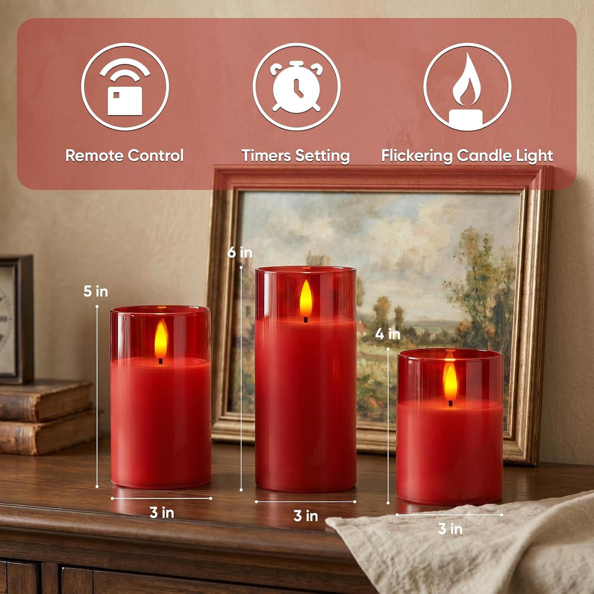 Amagic Red Glass Flameless LED Candles Battery Operated with Remote Timer | Real Wax Pillar Electric Candle, 3D
