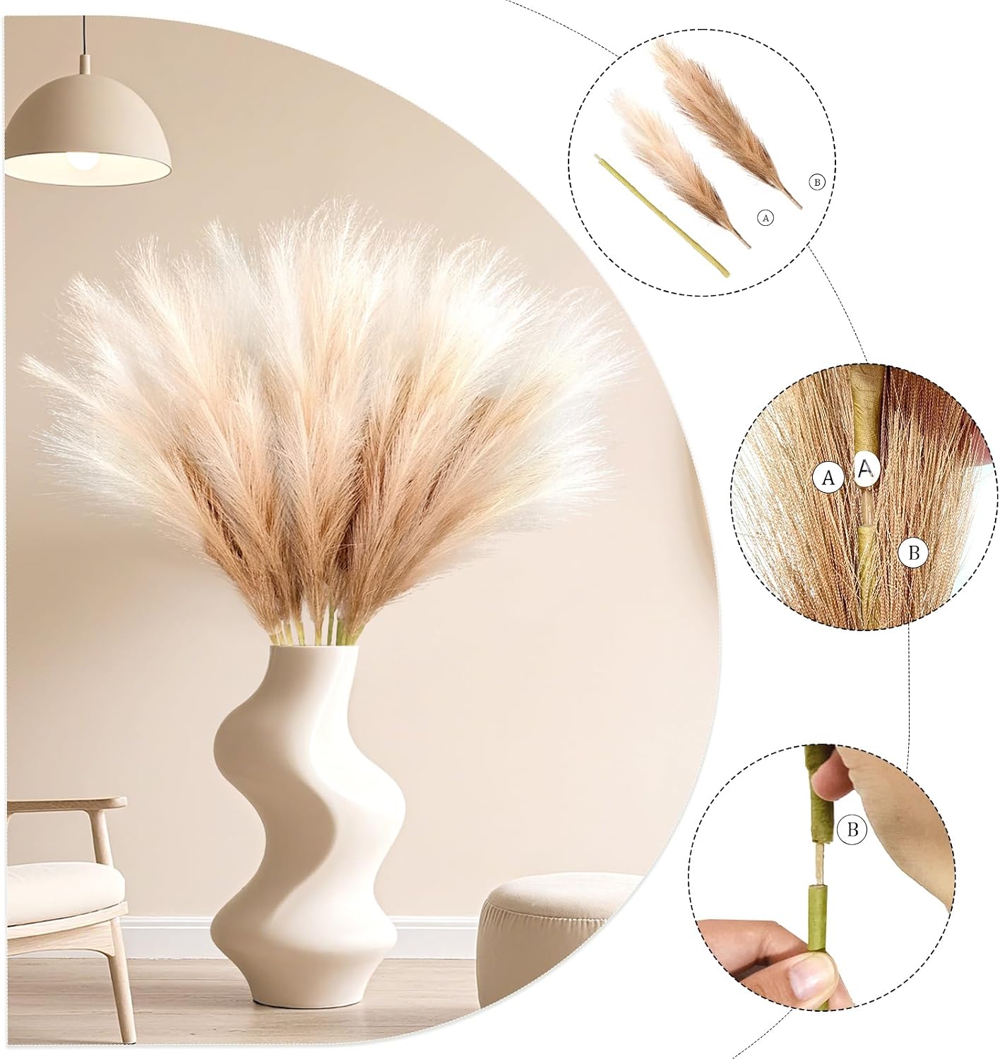 35.4" Fluffy Large Artificial Pompous Grass Branches / Beige / 35.4inch / Set of 8