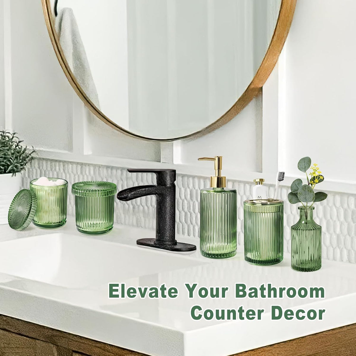 Green Bathroom Accessories 5 Pcs, Glass Bathroom Accessory Set, Vintage Green Bathroom Set, Sage Green Soap Dispenser