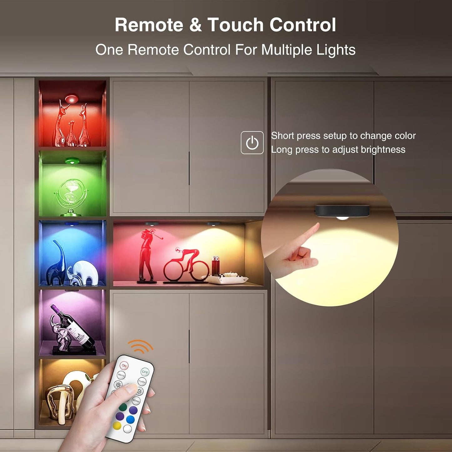 RGB Puck Lights with Remote Control, 2000mAh Rechargeable Stick on Led Lights, 9 Colors & 2 Dynamic, Tap Light with