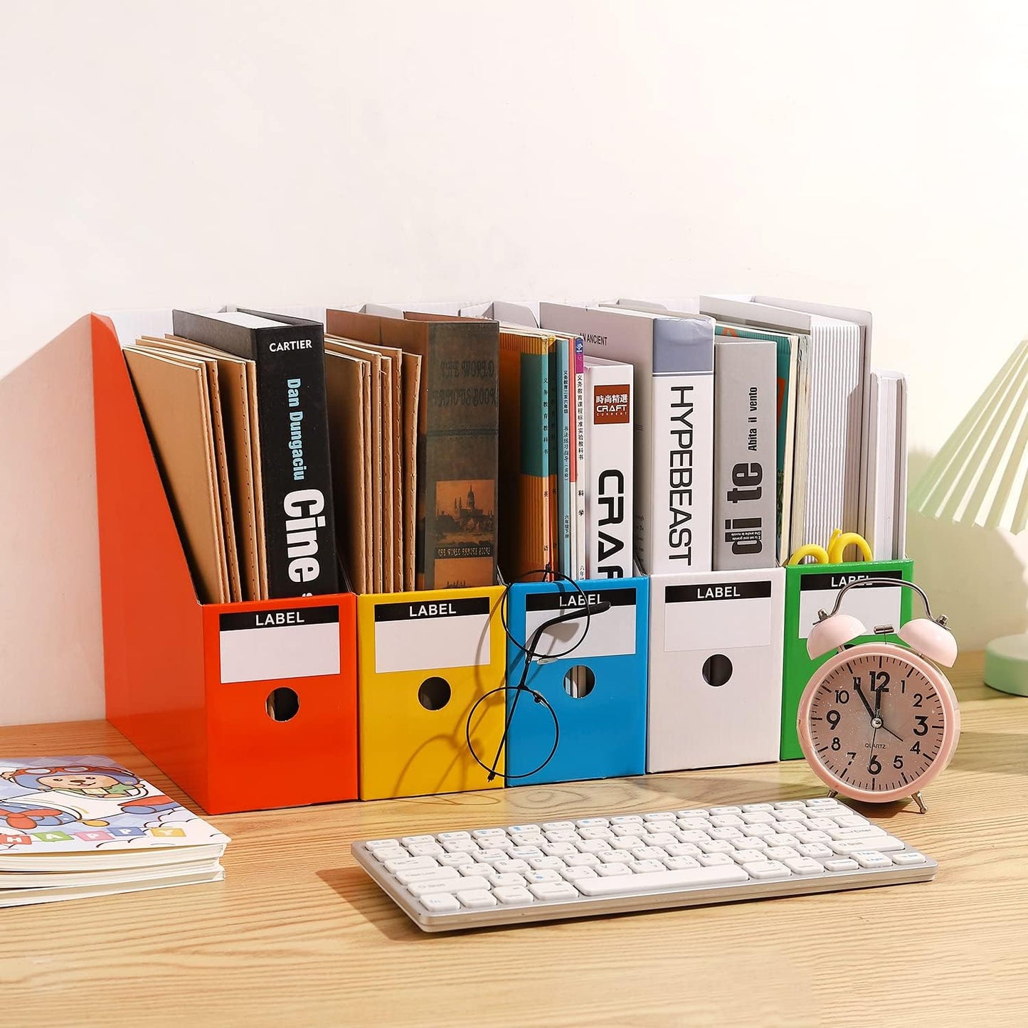 Foldable Desk File Holder Organizer Sturdy Cardboard Magazine Storage Box Document Rack with Blank Label Stickers for