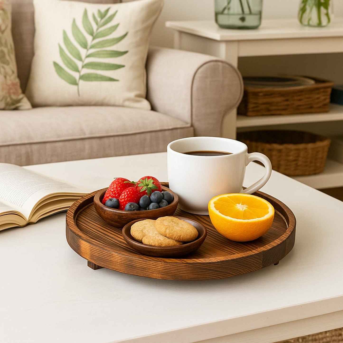 Round Decorative Wooden Tray / Dark Brown / Set of 10