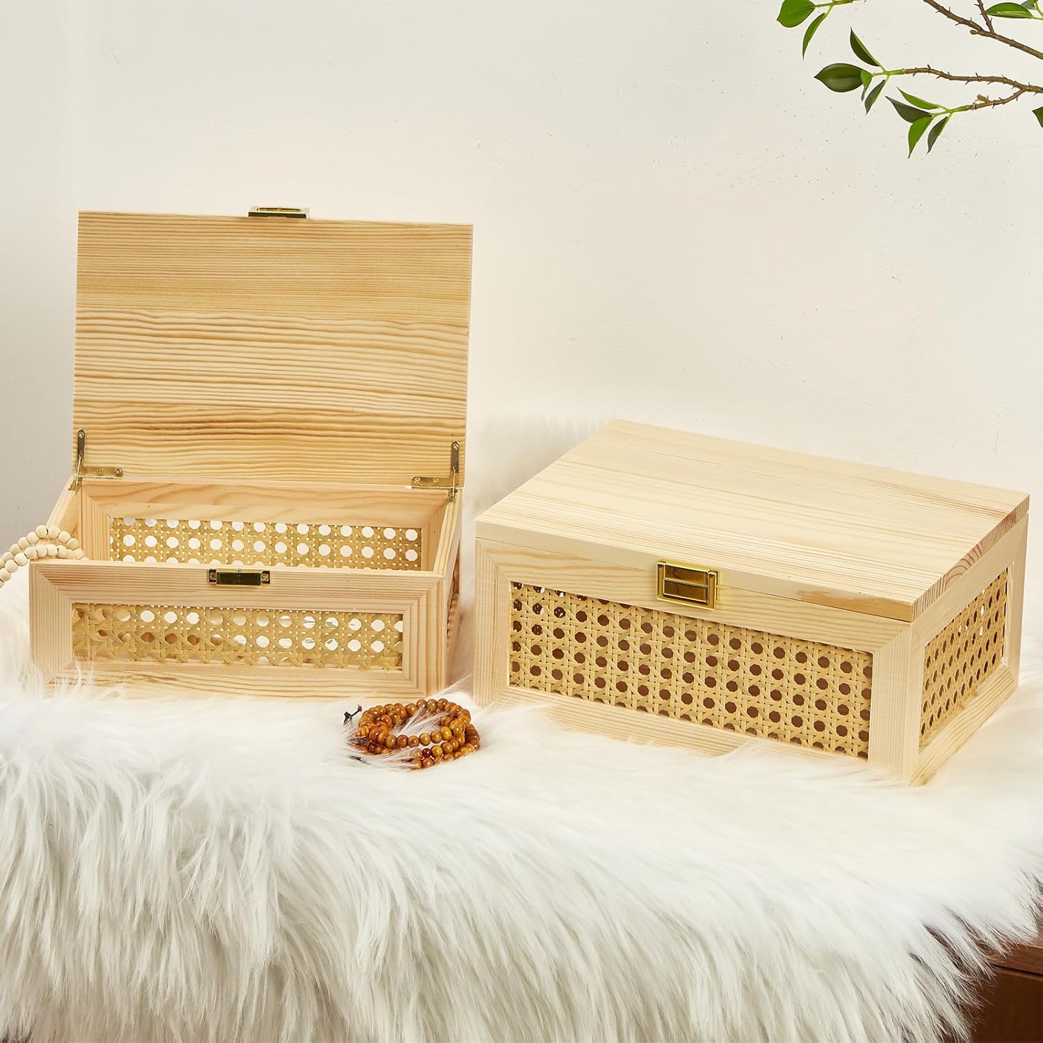 Decorative Rattan Storage Boxes Solid Wood Baskets Bins / Light Wood / Natural / Set of 2