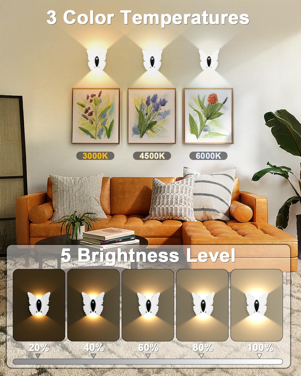 Eneru Motion Sensor Wall Sconce Set of 4, Rechargeable Wall Lights, White | 5000mAh Battery Operated Wall Sconces