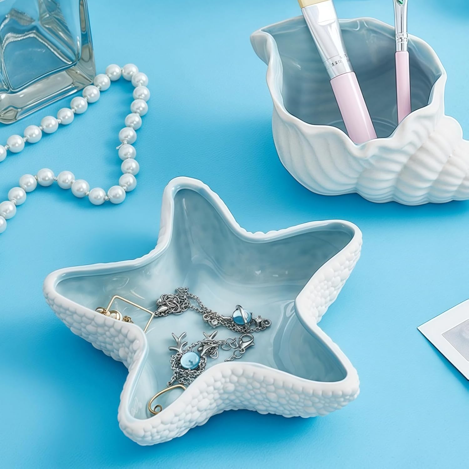Starfish Jewelry Dish Ceramic Holder Ring Trinket Tray / Sea Blue -starfish