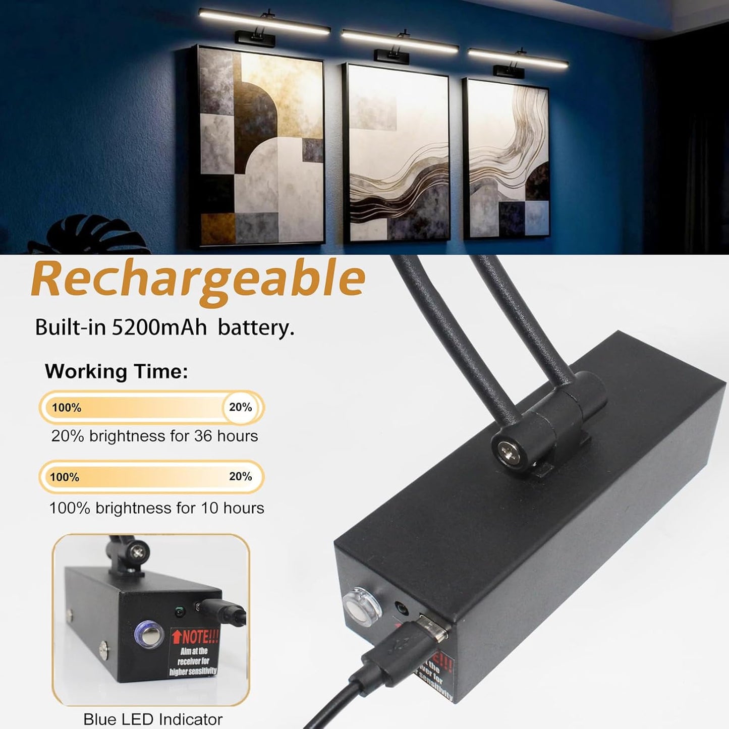 Yuichoy 2 Pack Picture Lights for Wall Battery Operated, 16 inch Wireless Art Lighting for Painting, 6 Colors Picture
