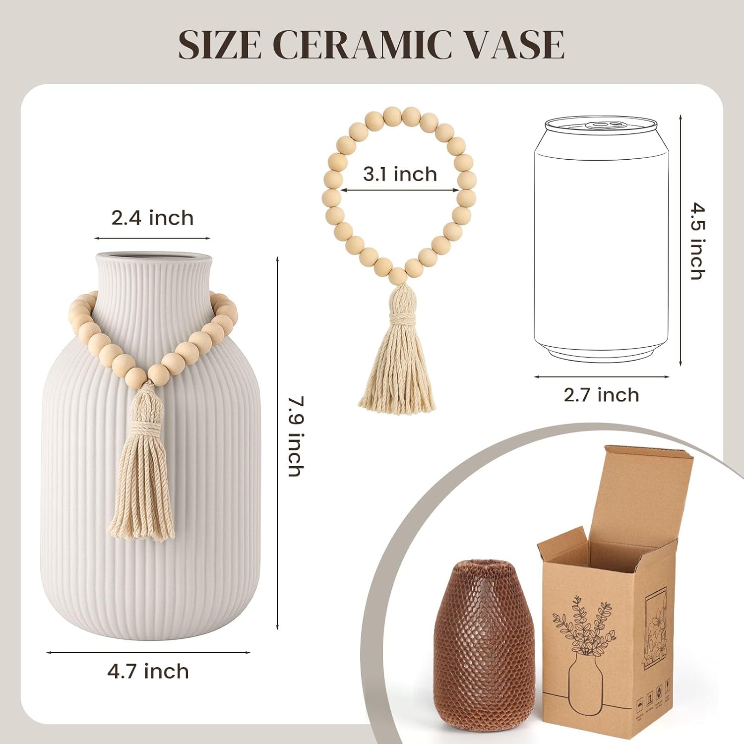 Ceramic Vase / Boho Ribbed Vase / White / 7.9 Inch