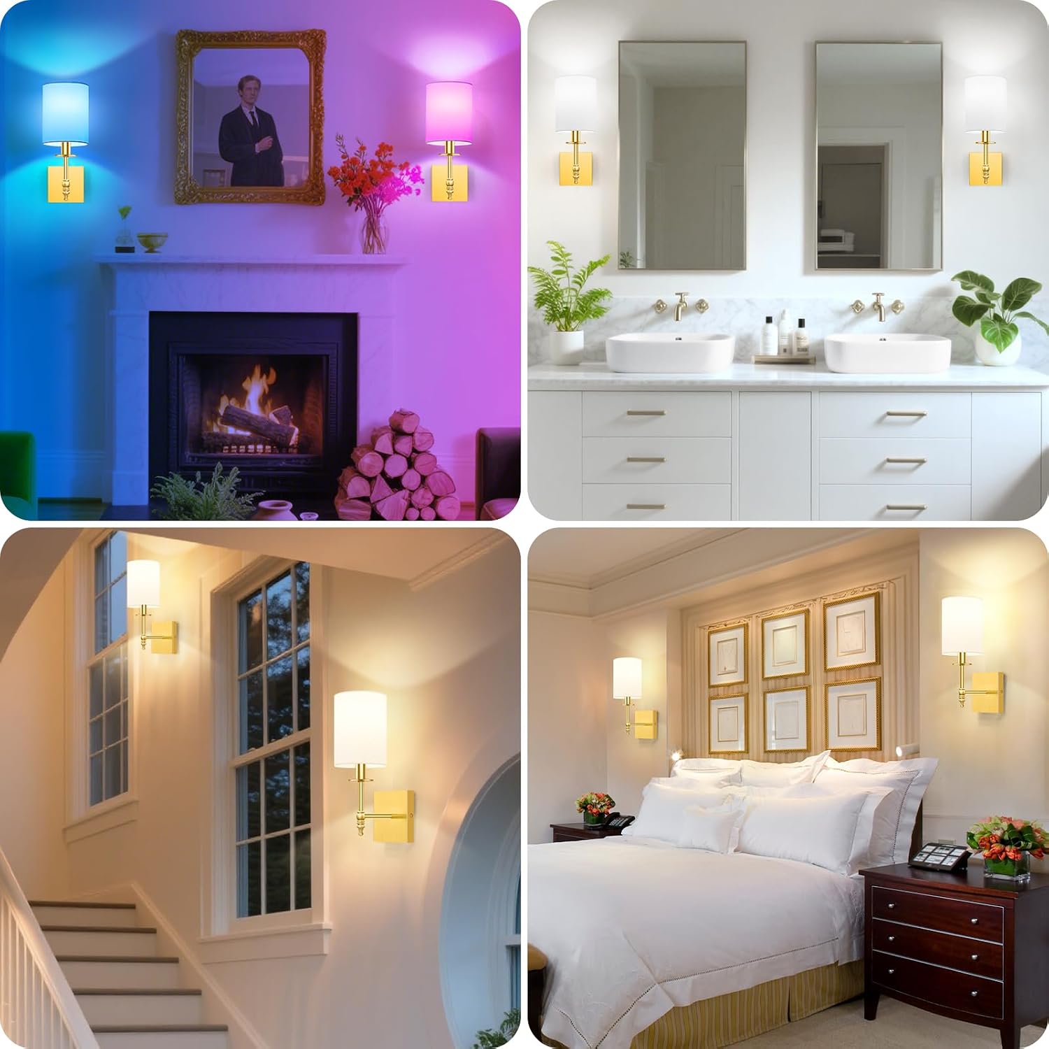 Gold Rechargeable Wall Lights with Remote, Battery Operated Wall Sconces Set of 2, Wireless Wall Lamps with 15 Color