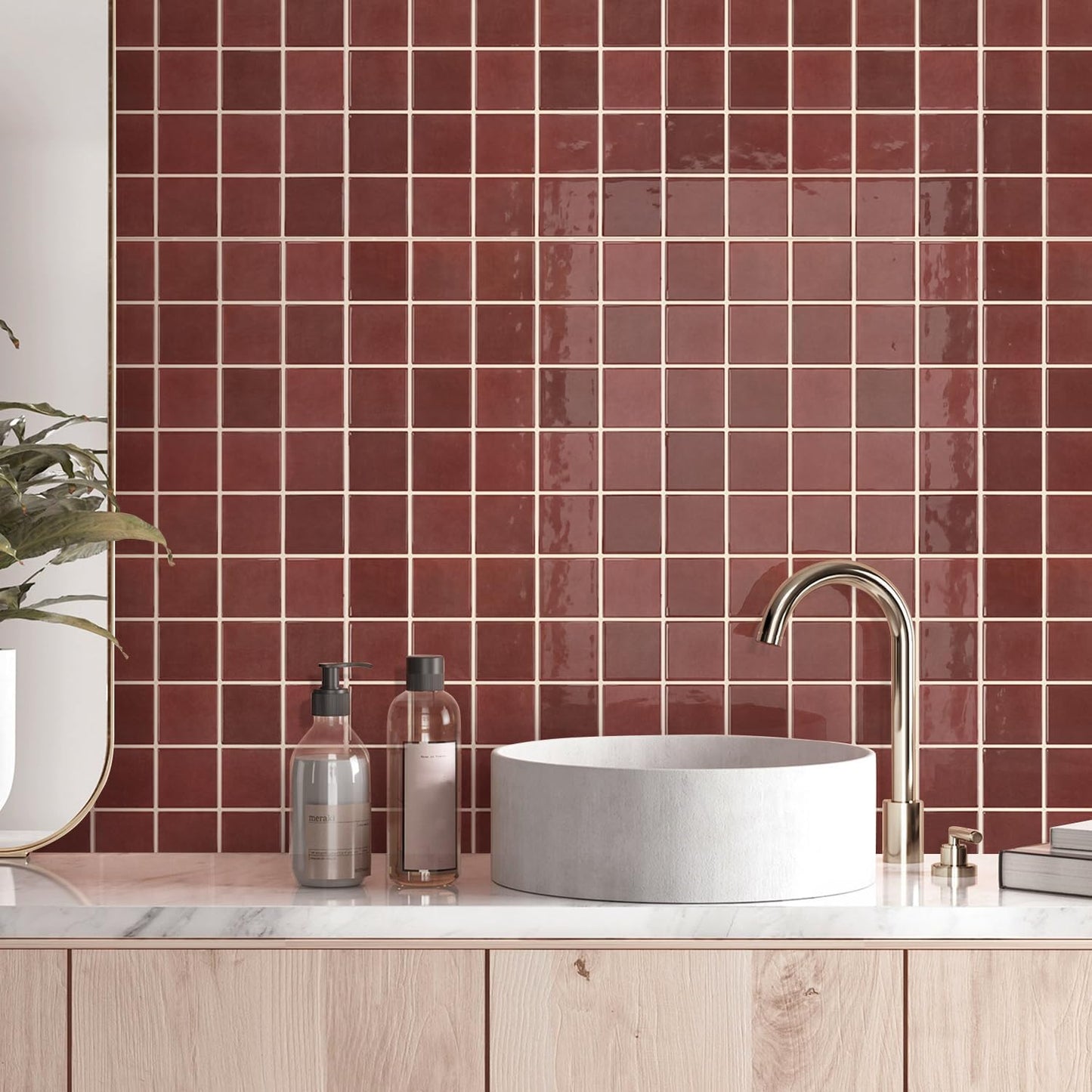 Thicker Dark Peel and Stick Backsplash Tiles- of "-3D Adhesive / ST-SM-A / Red / 12 x 12 / Set of 10