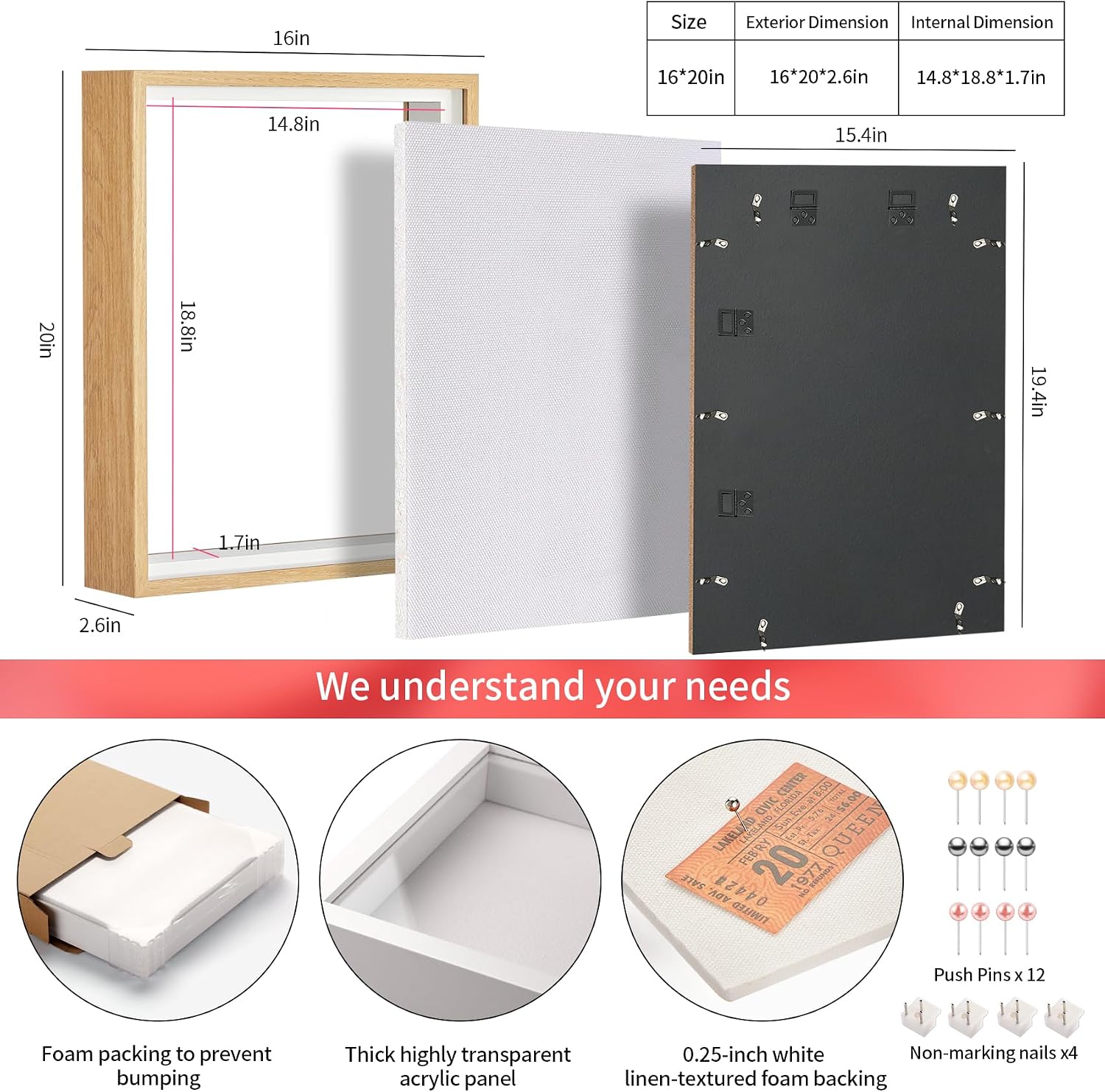 16x20 Large Shadow Box Frame with Thickened Acrylic Panel & Pins | With Linen Back, Upgraded 1.7" Deep Wood Shadow Box