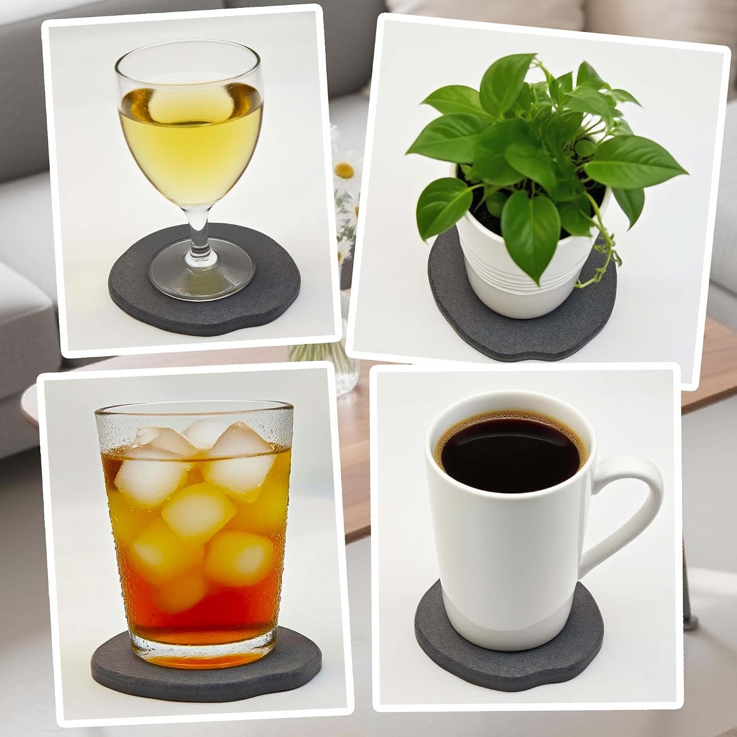 Absorbent Coasters for Drinks Modern Unique Aesthetic Stone Coaster for Desks / Dark Grey / Set of 6