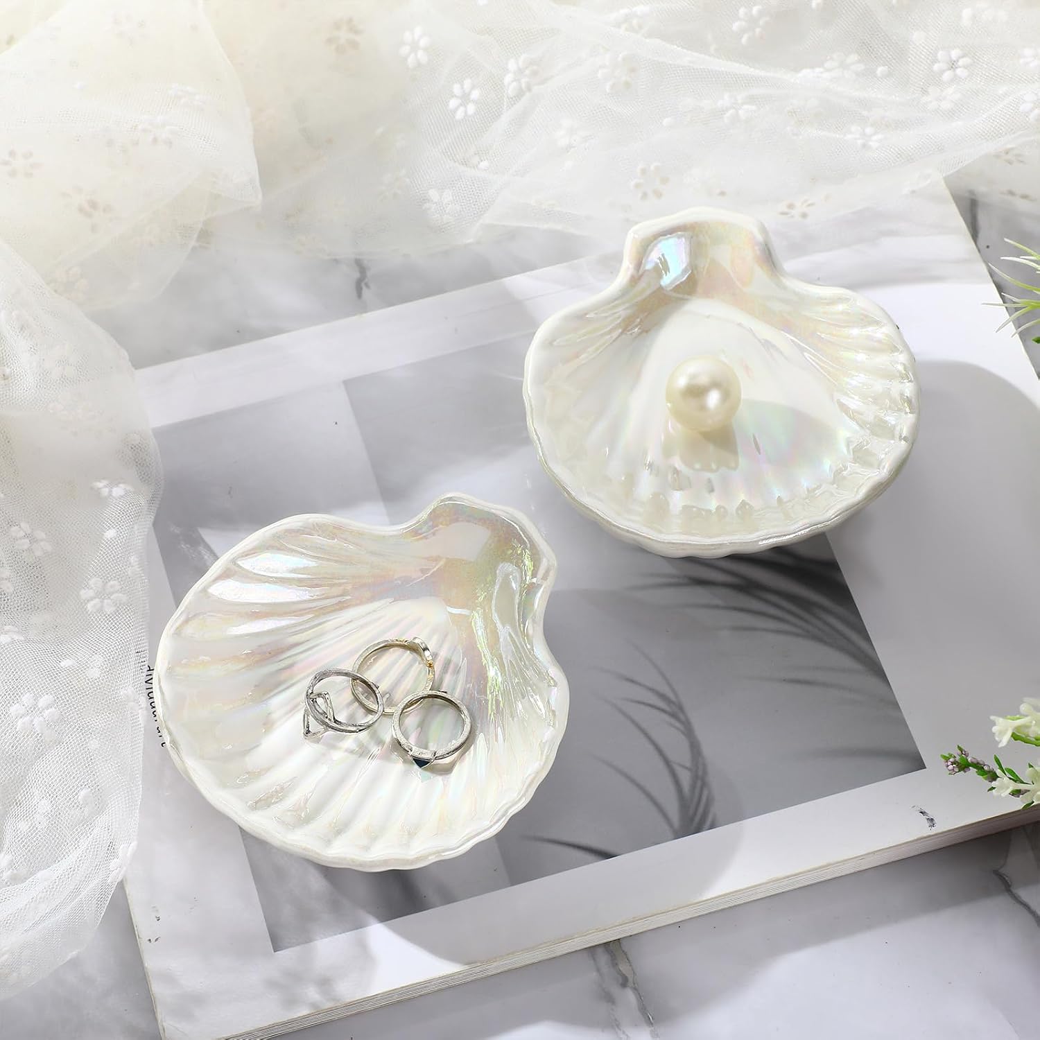 Shell Ring Dish Ceramic Jewelry Trinket Dish Tray Seashell Ring Key Holder Bowl / White / Set of 8