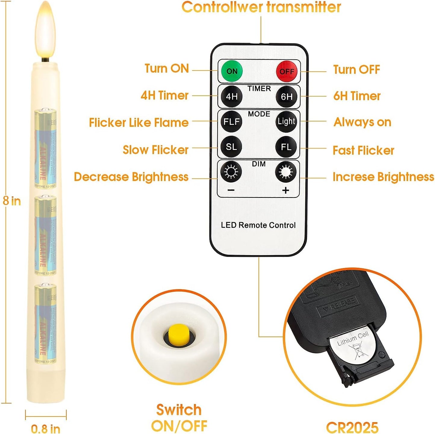 FPOO 8PCS Flameless Flickering Taper Candles with 2 Remote Control and Timer, 8 Inch 3D Wick Floating Flickering Flame