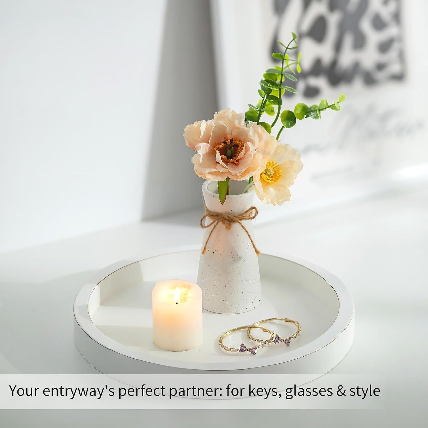 Wood Candle Holders Plate Round Rustic Trays for Ottoman Centerpiece Home / White-1