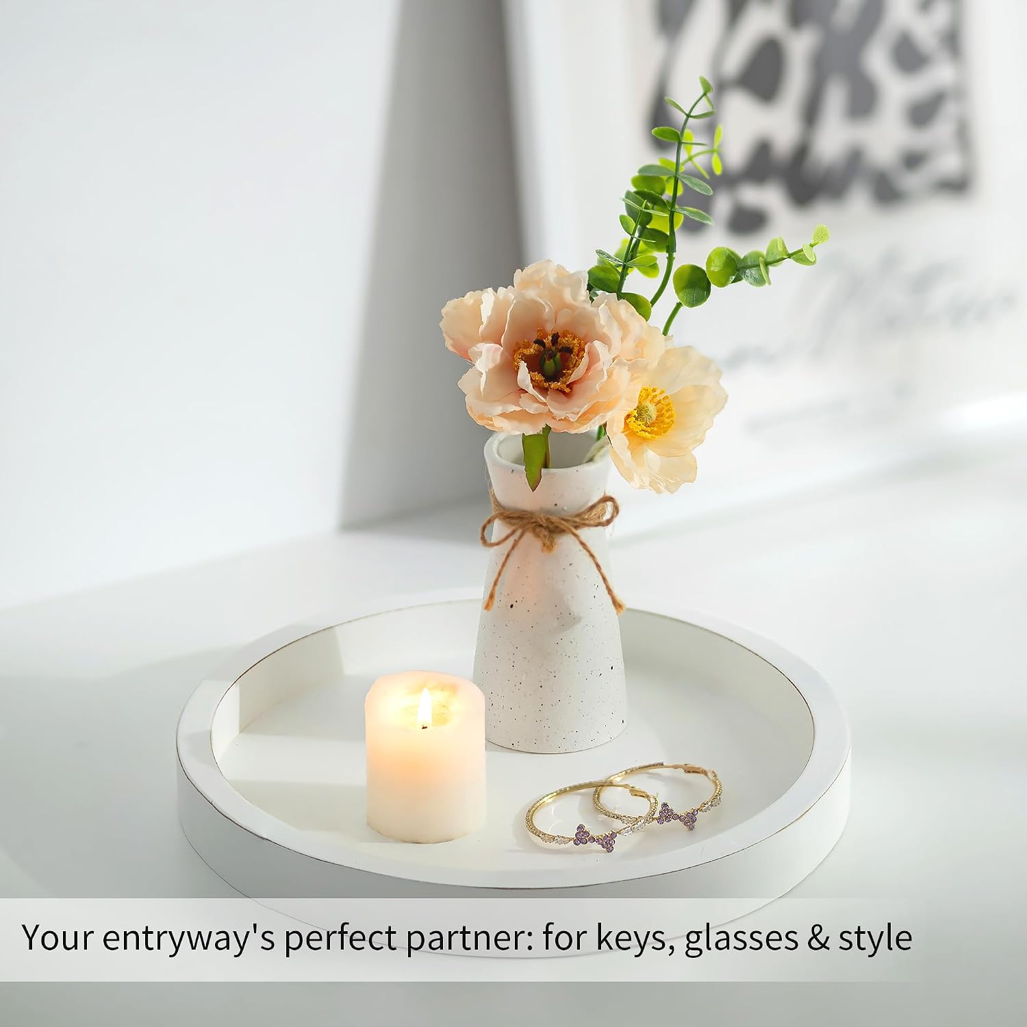 Wood Candle Holders Plate Round Rustic Trays for Ottoman Centerpiece Home / White-1