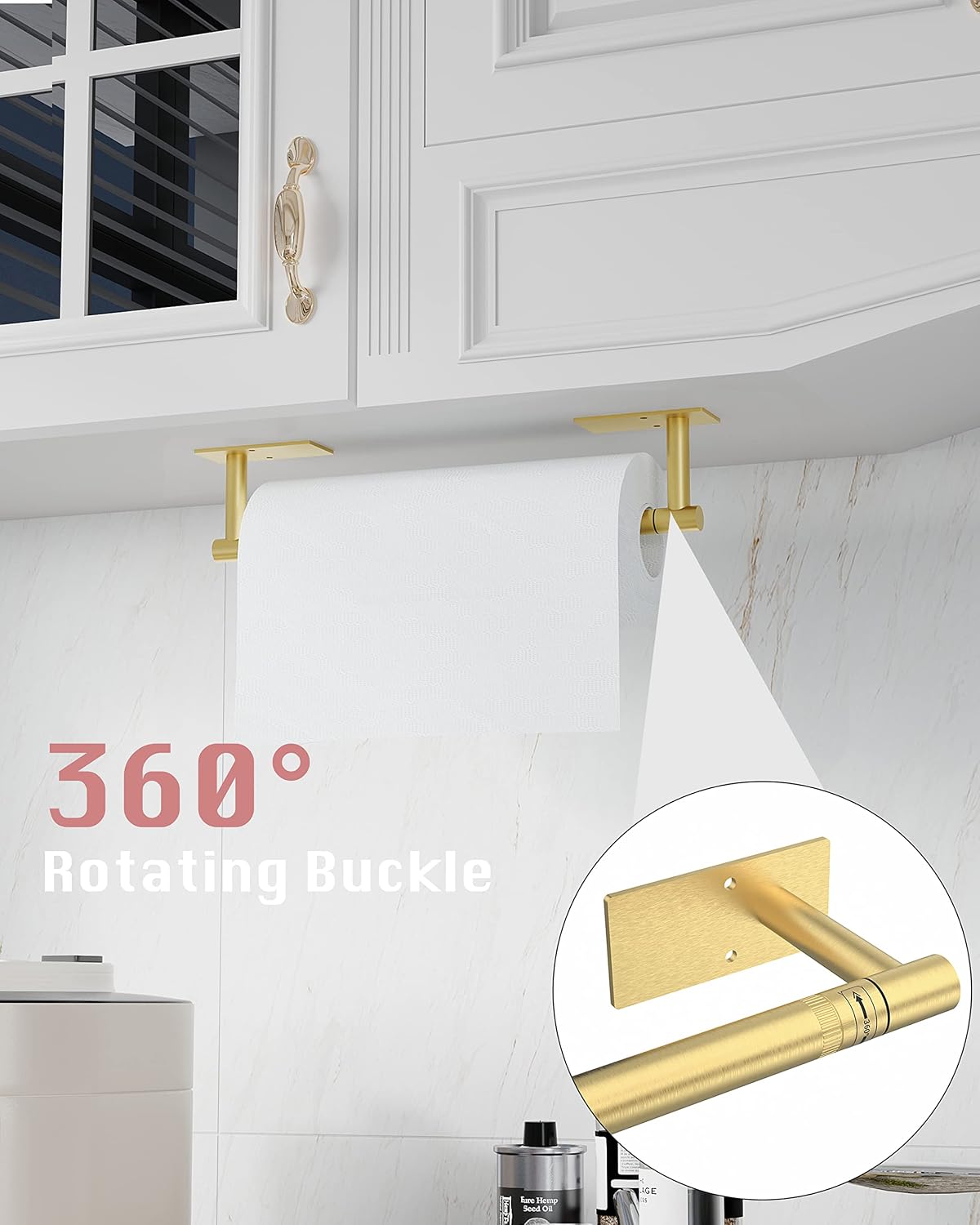 Gold Paper Towel Holder Under Cabinet Self Adhesive or Wall Mount | 304 Stainless Steel Post Pivoting Design No