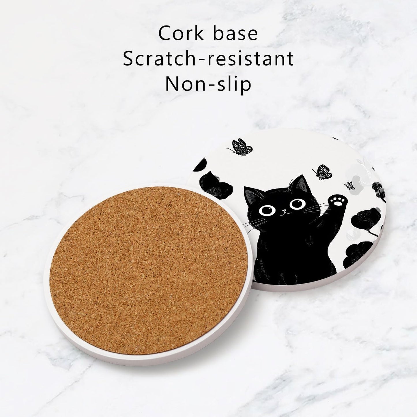 Flowers Ceramic Absorbent Coasters / Black Cat / Set of 6