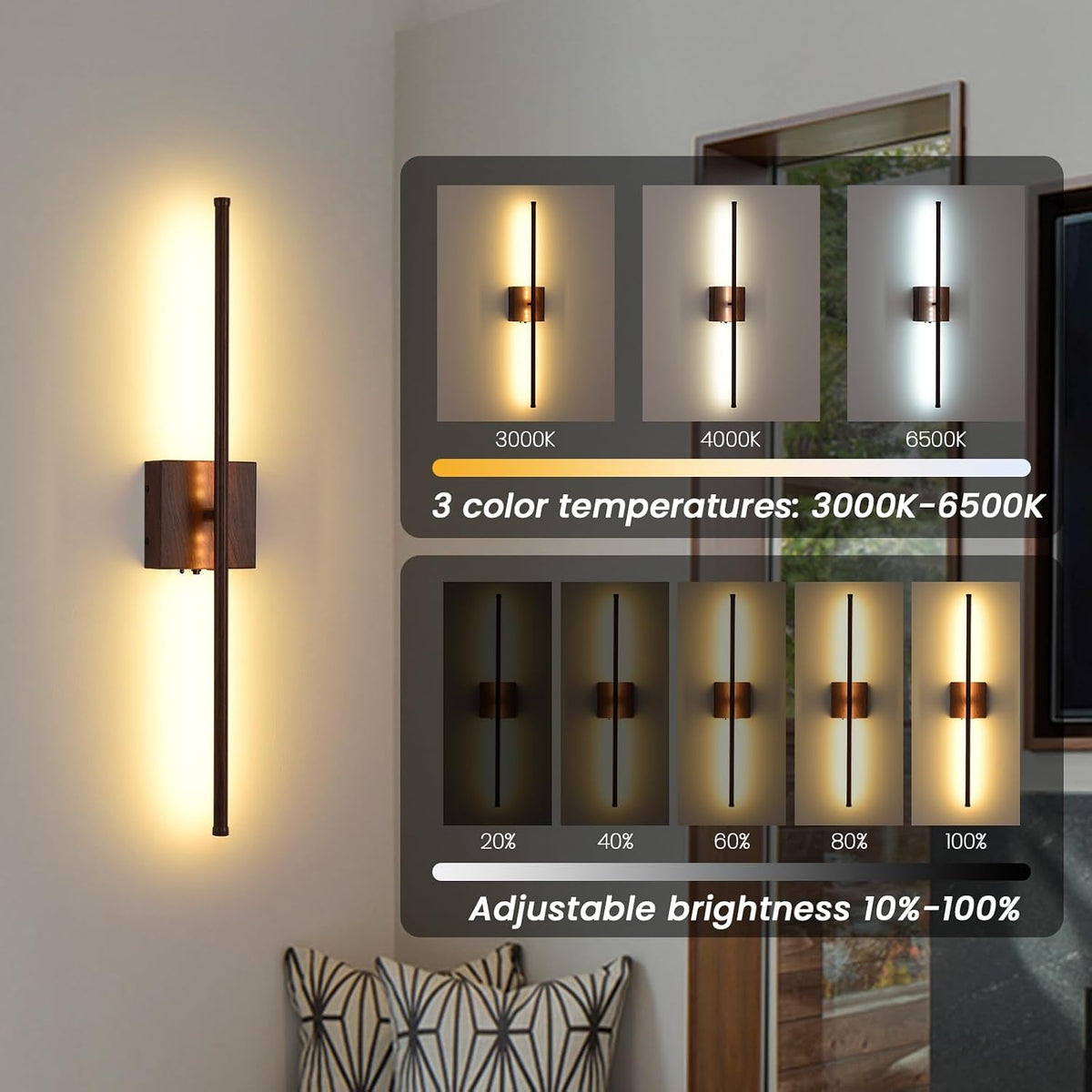 Rechargeable Battery Operated Wall Sconces, 11000mAh Faux Walnut Finish Wall Lights with Remote Control, 350°Rotate