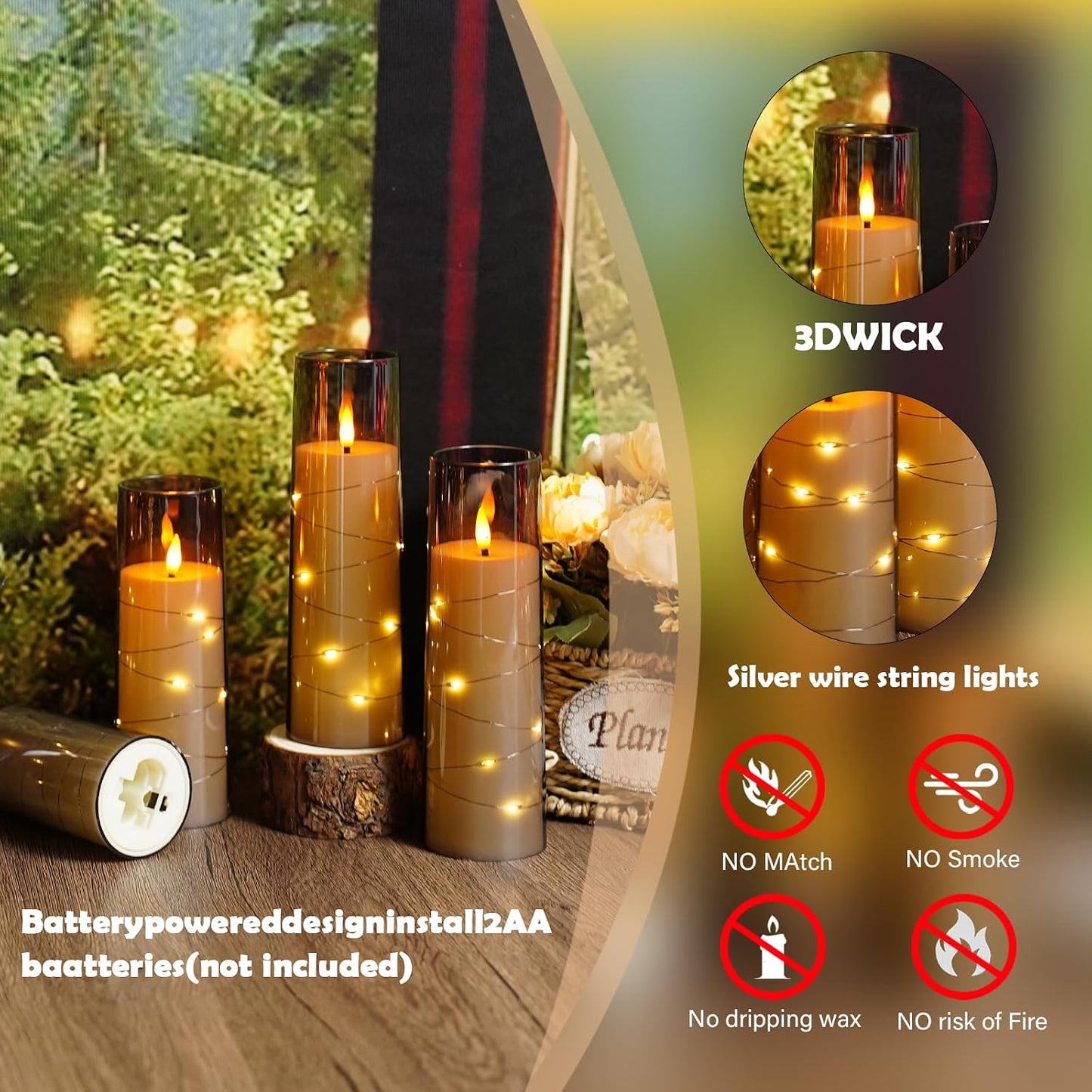 Sasigeiaa Flameless Candles with Embedded Star String - Battery Operated LED Candles, with Remote,12 Grey Flickering