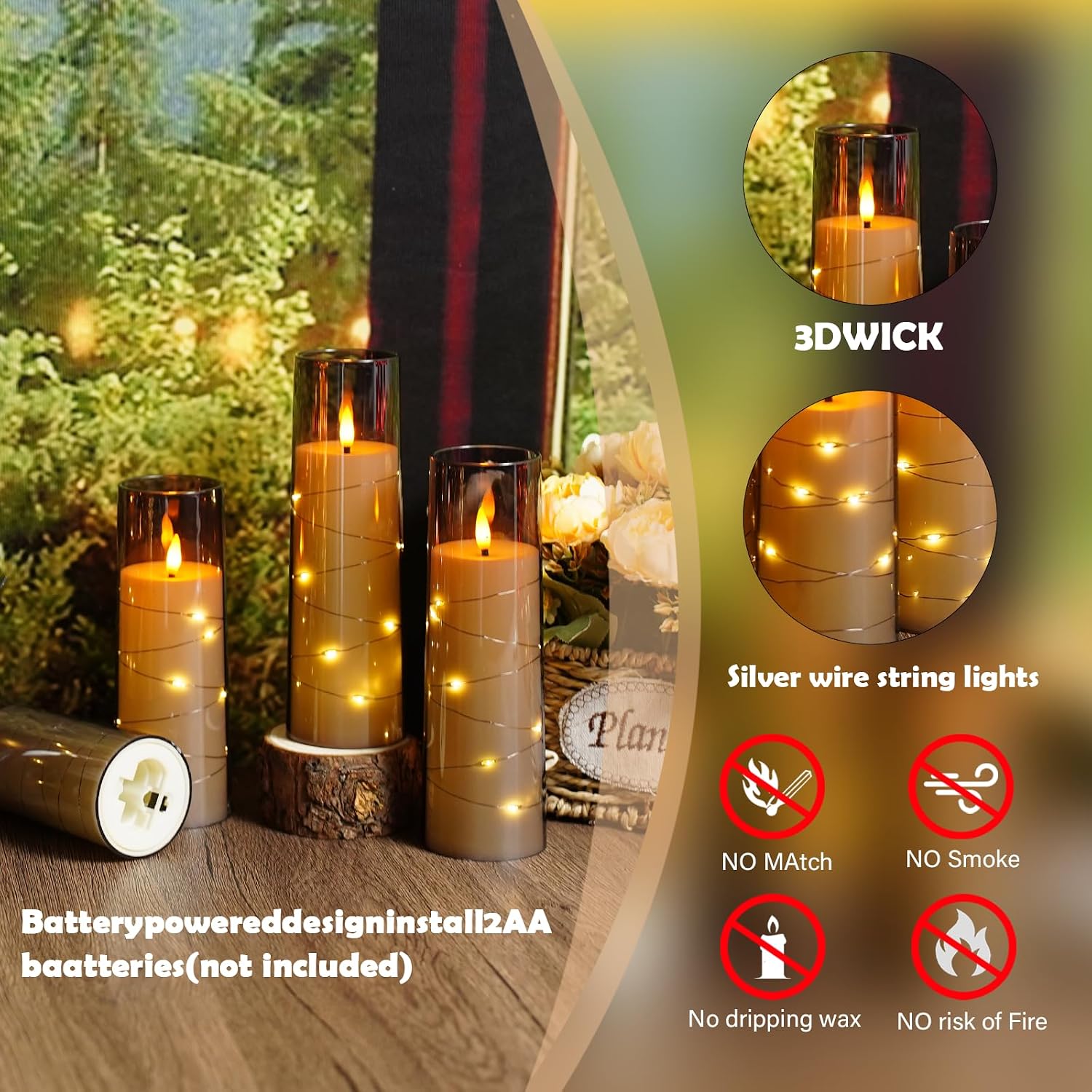 Sasigeiaa Flameless Candles with Embedded Star String - Battery Operated LED Candles, with Remote,12 Grey Flickering