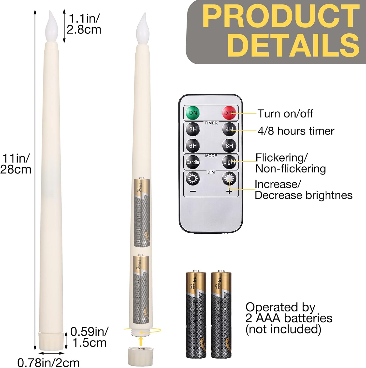 24 Pack Flameless Flicker Taper Candles Bulk with Remote and Timer, Battery Operated LED Warm White Taper Candles Light