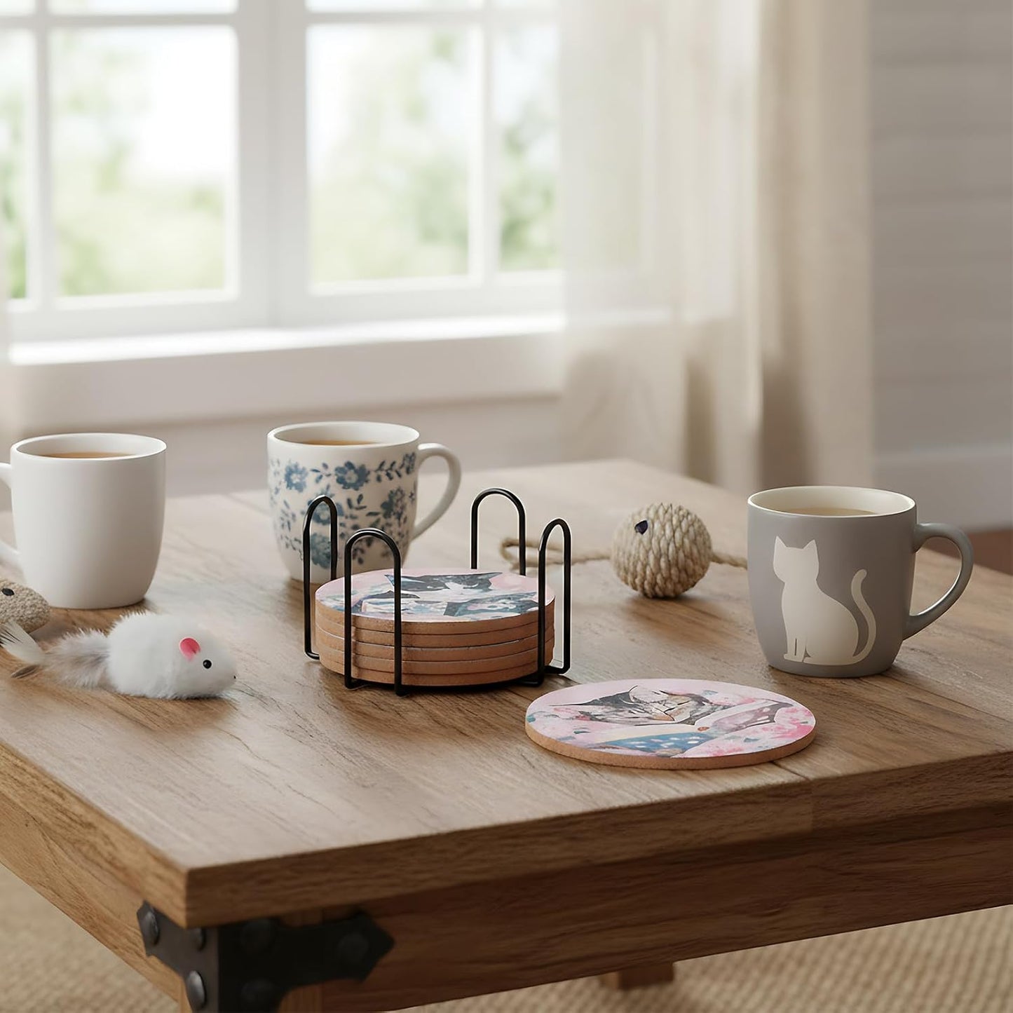 Holder Cat Lover Coaster Funny Cats Designs / Elegant Pattern / Set of 6