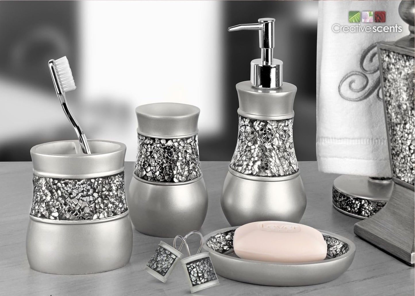 Creative Scents Silver Shower Curtain Hooks Decorative | Set of 12 | Crackled Glass Shower Curtain Rings