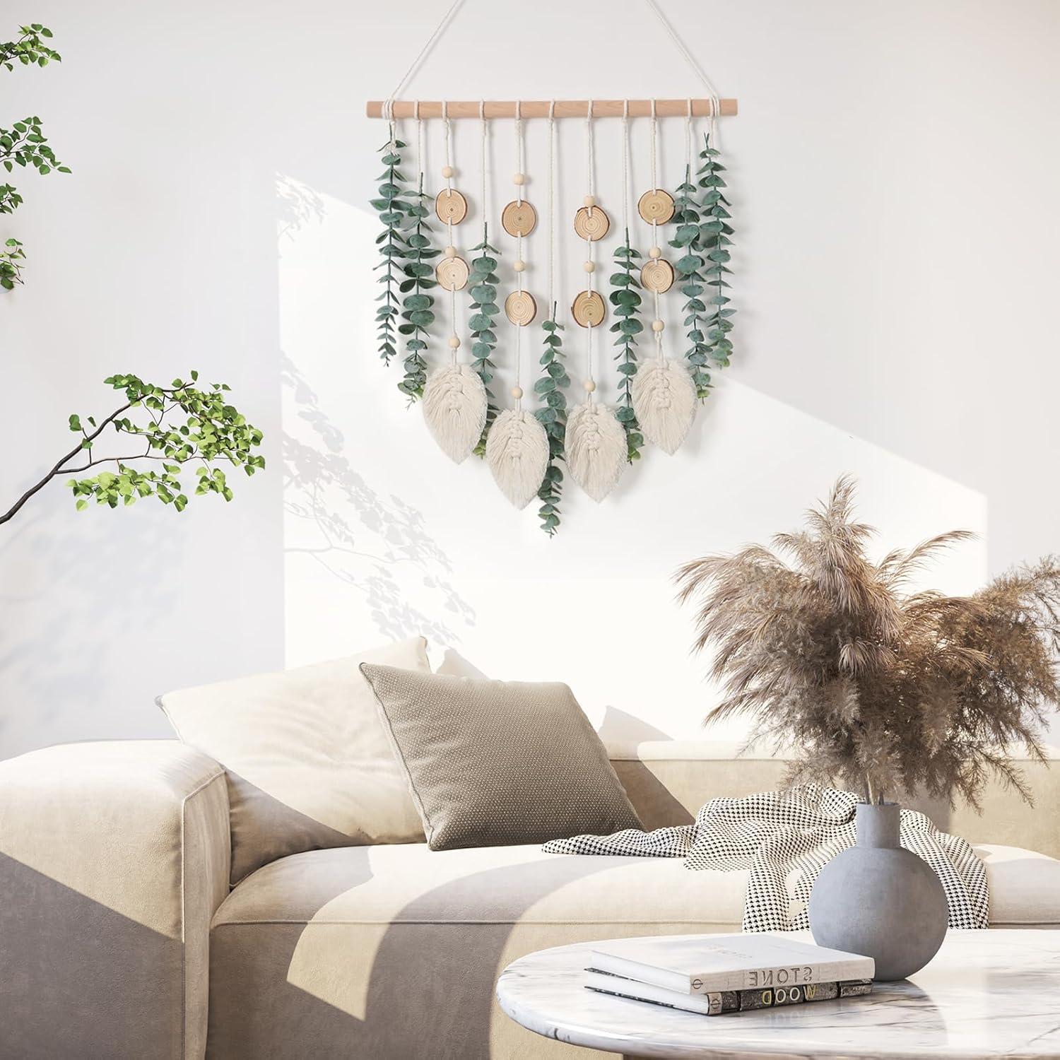 Fake Eucalyptus Stems Plants Wooden Stick Macrame / Green Eucalyptus with Macrame Leaves