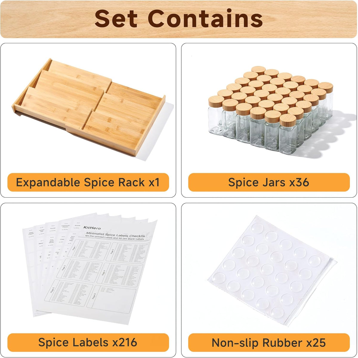 3-Tier Expandable Bamboo Spice Drawer Organizer, Adjustable Width 12" to 21", Kitchen Storage with 36 Glass Jars &