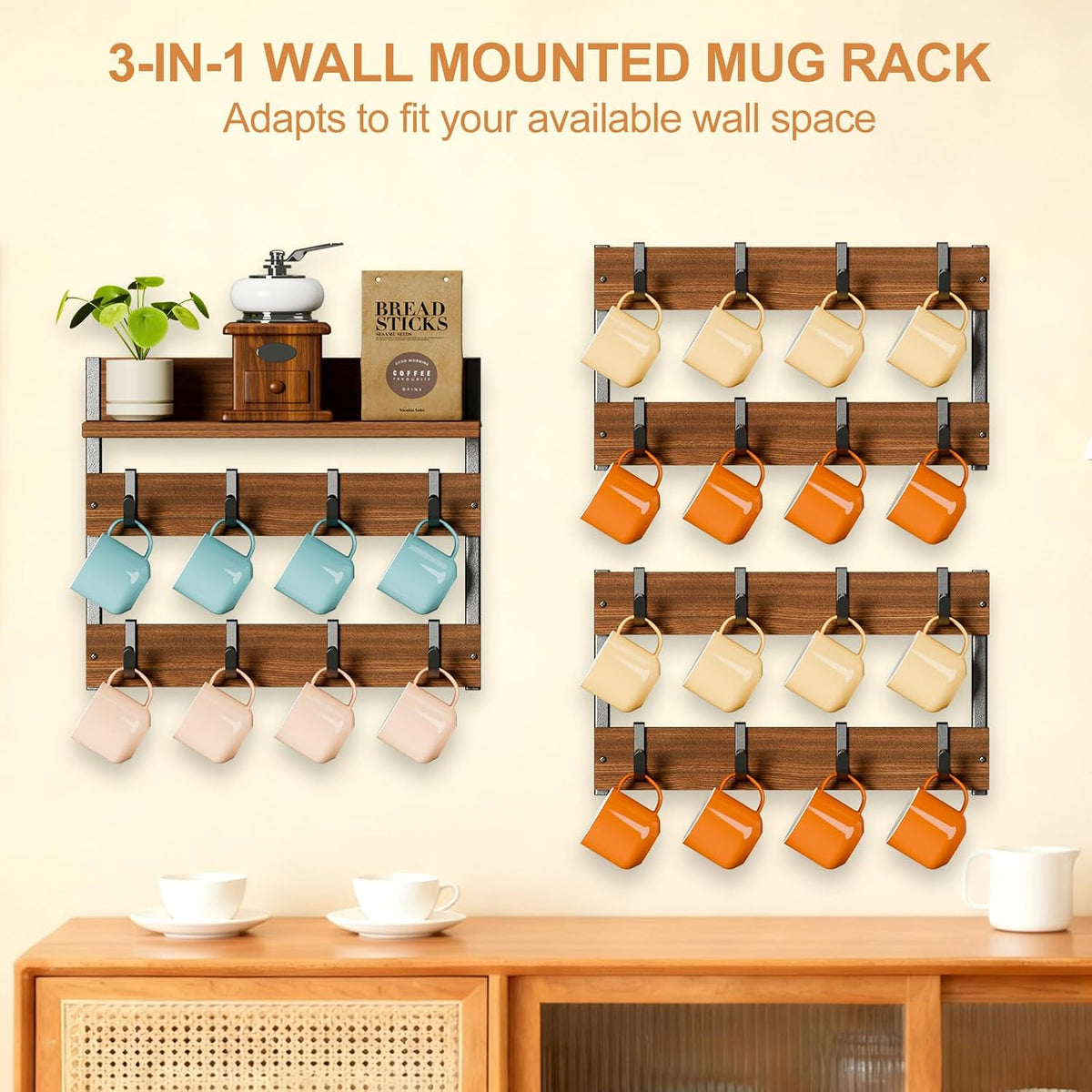 Mug Rack for Wall, Coffee Cup Holder Wall Mount with 24 Adjustable Hooks | Coffee Mug Holder with Top Display Shelf for