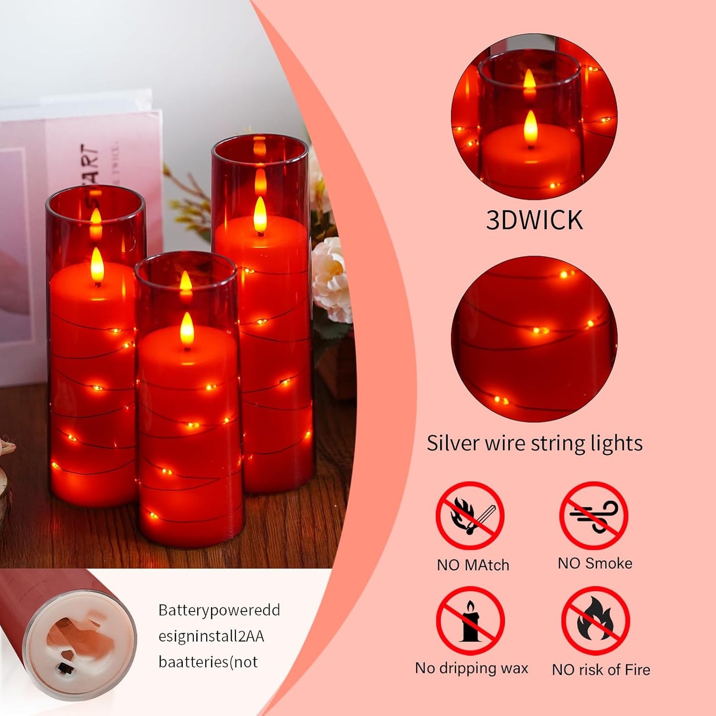 Flameless Candles,with Embedded Star String, Battery Operated Candles Flickering LED Pillar Candles with Remote Control