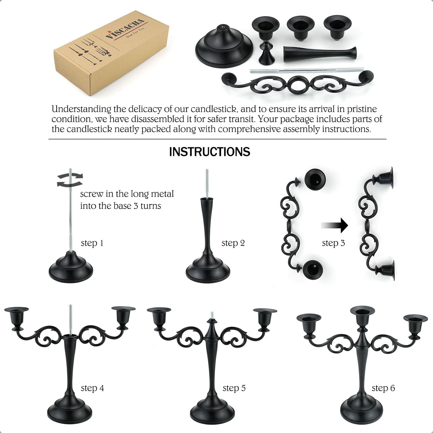 3-Arm Metal Candelabra Candle Holder Table Centerpiece, Black | Classic 3-Arm Metal Candelabra, Glossy Black Finish.