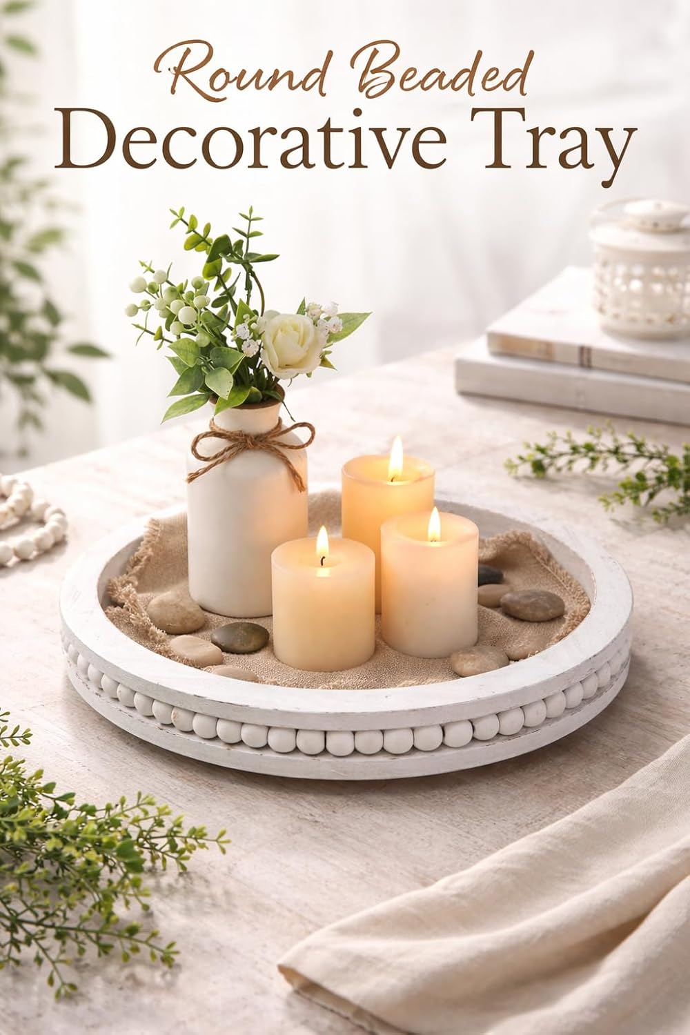 Farmhouse Round Wooden Beaded Tray