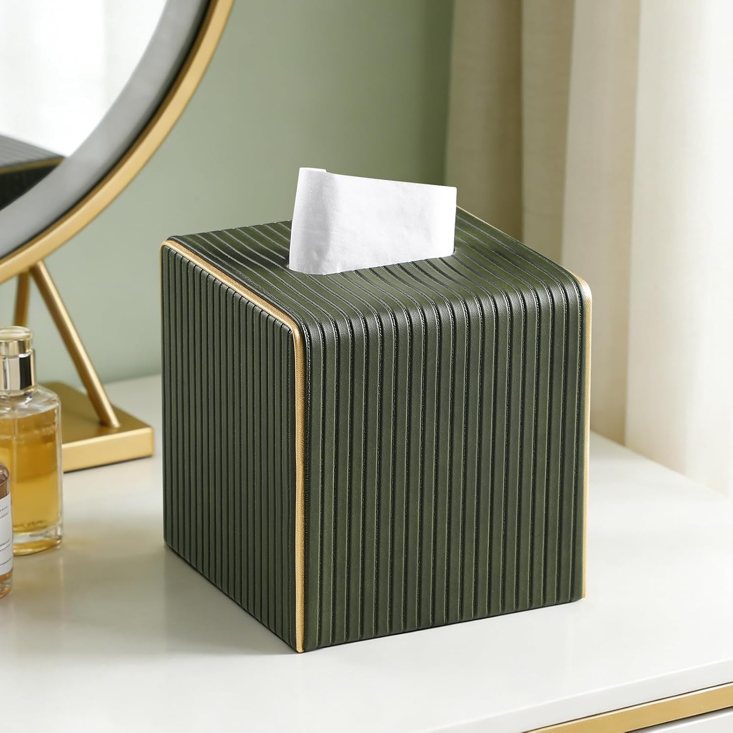 PU Leather Tissue Box Cover Square Tissue Box Holder / Green Fluted