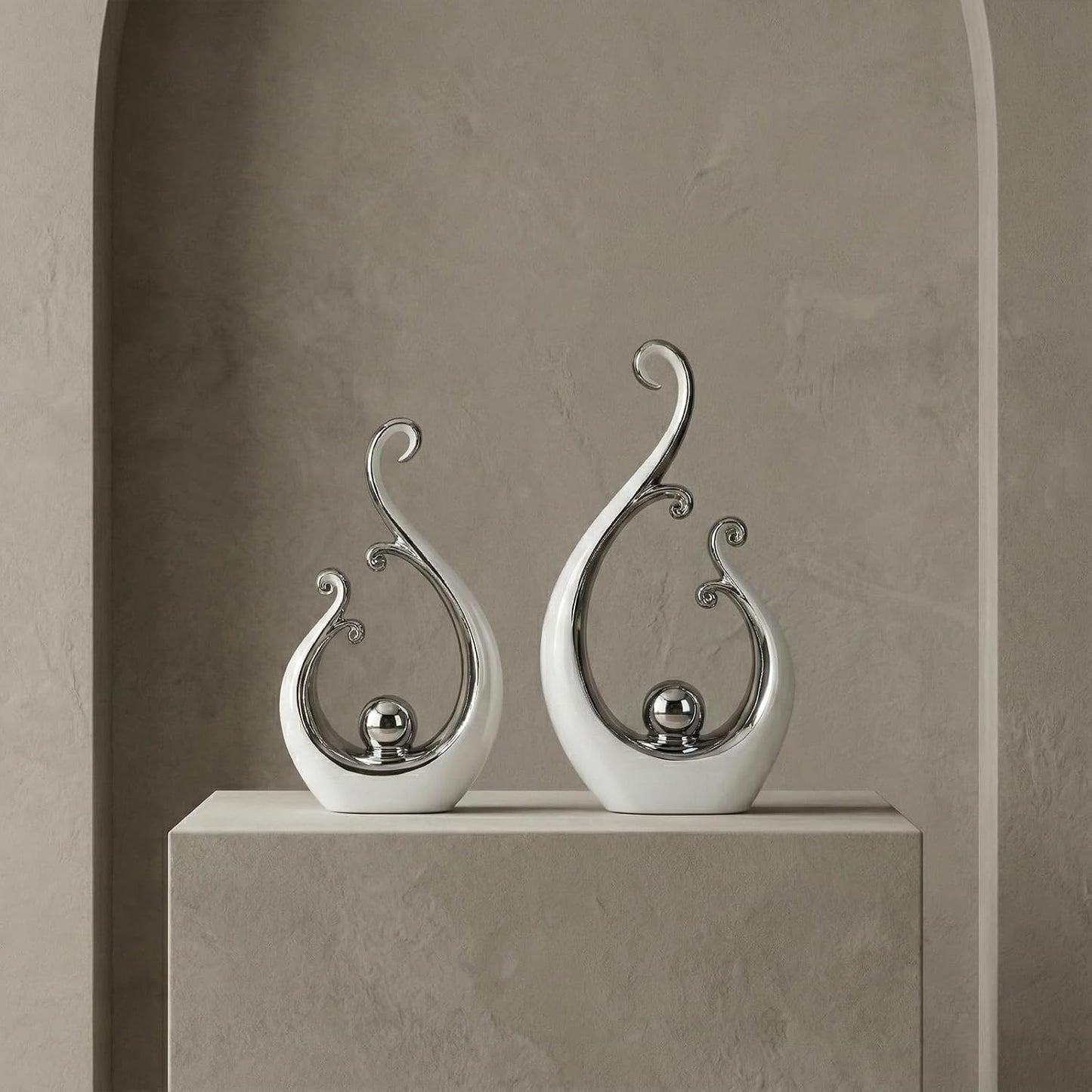 Glossy White and Silver Decor Ceramic Statue / White Silver / Small