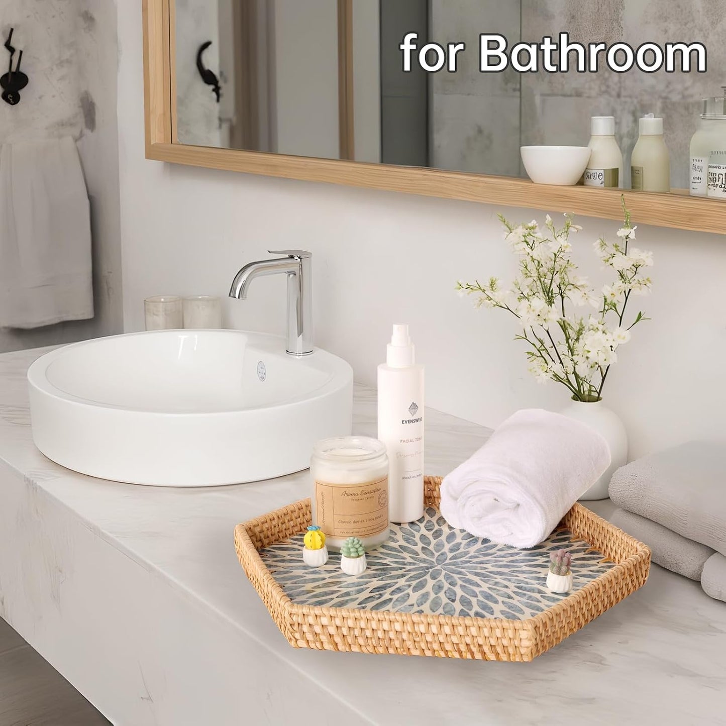 Hexagon Rattan Tray / Light Blue Leaves