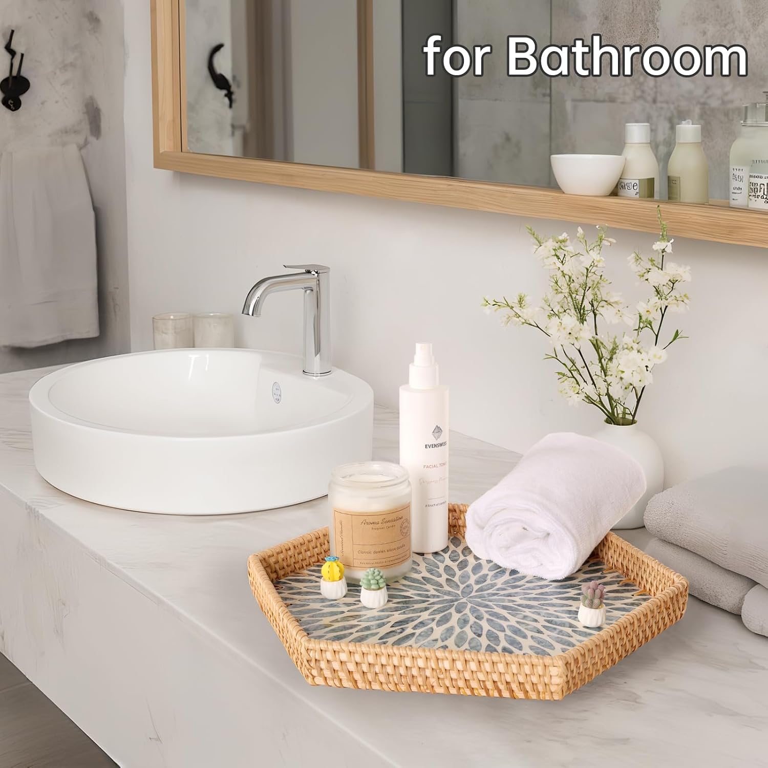Hexagon Rattan Tray / Light Blue Leaves