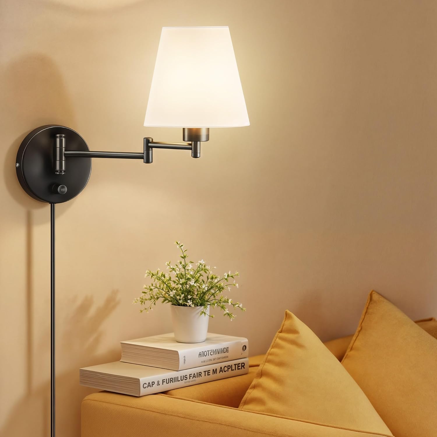 VONLUCE Wall Sconce Set of 2, Plug in & Swing Arm Wall Lamps, Black Finish | Modern Wall Lights with White Fabric