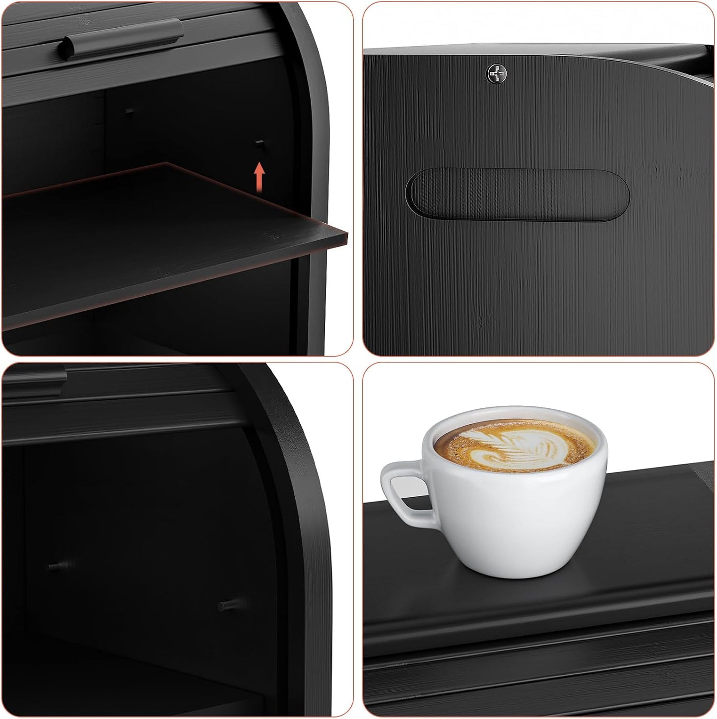 G.a HOMEFAVOR 2-Tier Bamboo Bread Box for Kitchen Counter, Black | Large Roll Top Bread Storage Container, Bread Holder