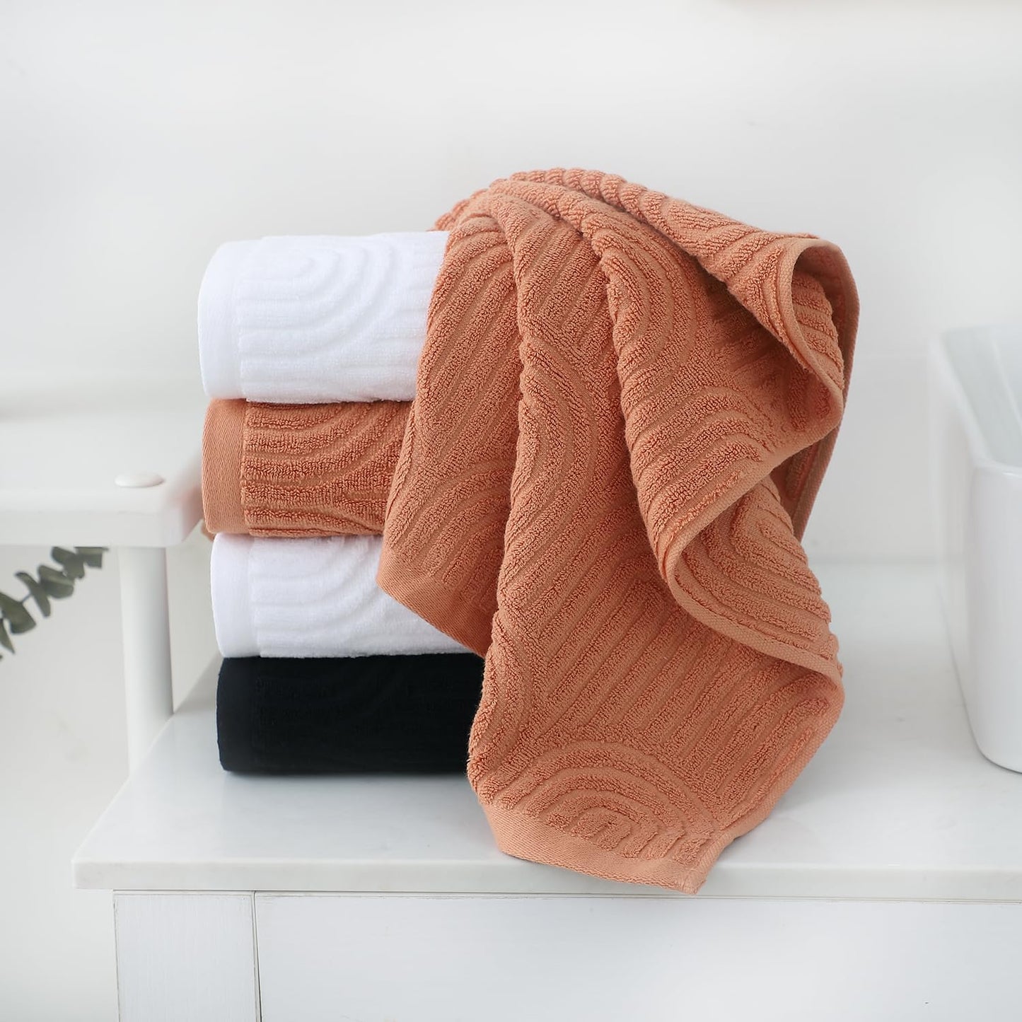 Hand Towels Set of 4 Striped Pattern 100% Cotton Absorbent Soft Decorative Towel for Bathroom (Burnt Orange)