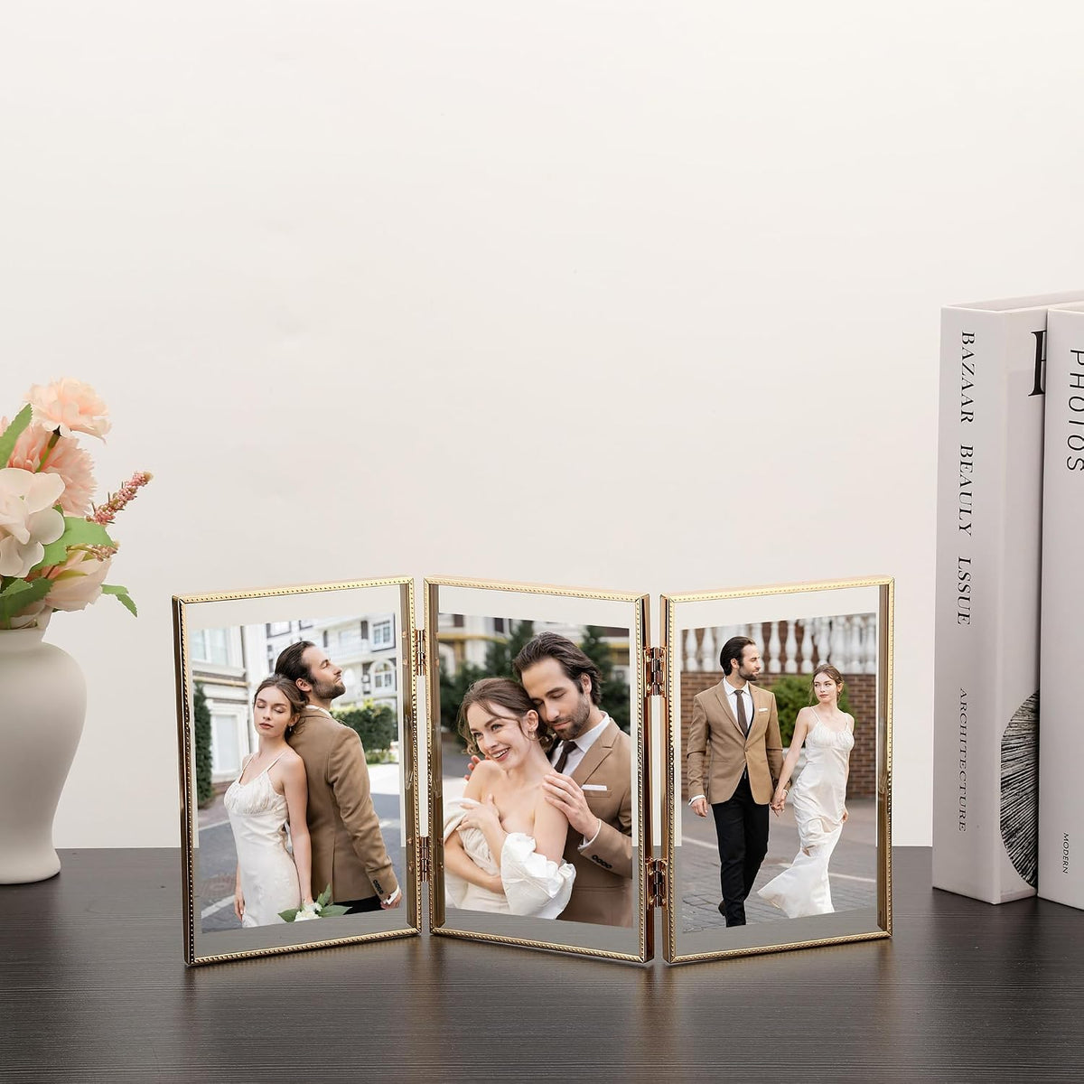 4x6 Triple Floating Frame,Metal Beaded Edge,Gold | Tempered glass, adjustable tabletop/shelf photo frame, for photo