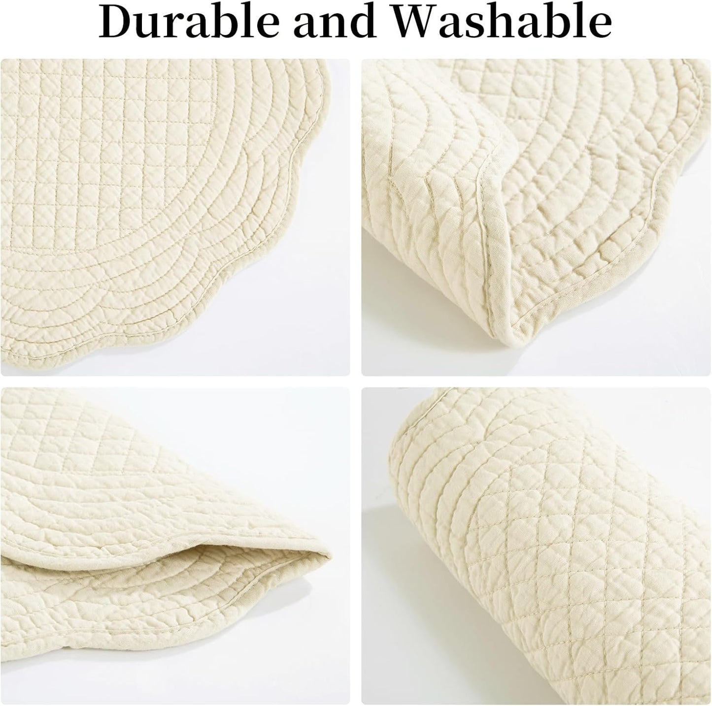 HOMBYS Quilted Placemats Set of 4 Washable Round Placemats for Kitchen Table-100% Cotton Fabric Round Table Mats, (Flax)